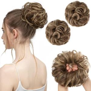 SARLA Messy Hair Bun Hair Pieces Curly Synthetic Updo Fake Scrunchies Ponytail Extension for Women Dirty Blonde 1PCS(2PCS-Brunette / Ash Blonde)