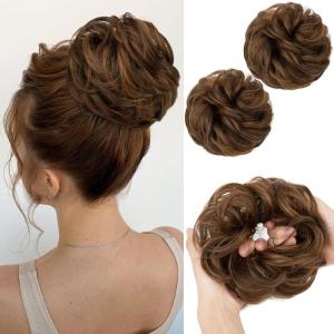 SARLA Messy Hair Bun Hair Pieces Curly Synthetic Updo Fake Scrunchies Ponytail Extension for Women Dirty Blonde 1PCS(2PCS-Chocolate)