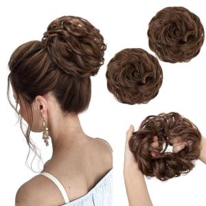 SARLA Messy Hair Bun Hair Pieces Curly Synthetic Updo Fake Scrunchies Ponytail Extension for Women Dirty Blonde 1PCS(2PCS-Chocolate Multi)