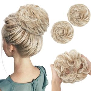 SARLA Messy Hair Bun Hair Pieces Curly Synthetic Updo Fake Scrunchies Ponytail Extension for Women Dirty Blonde 1PCS(2PCS-Cream Blonde)