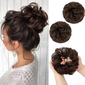 SARLA Messy Hair Bun Hair Pieces Curly Synthetic Updo Fake Scrunchies Ponytail Extension for Women Dirty Blonde 1PCS(2PCS-Dark Chocolate)