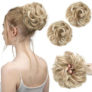 SARLA Messy Hair Bun Hair Pieces Curly Synthetic Updo Fake Scrunchies Ponytail Extension for Women Dirty Blonde 1PCS(2PCS-Dirty Blonde)