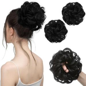SARLA Messy Hair Bun Hair Pieces Curly Synthetic Updo Fake Scrunchies Ponytail Extension for Women Dirty Blonde 1PCS(2PCS-Jet Black)