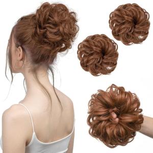 SARLA Messy Hair Bun Hair Pieces Curly Synthetic Updo Fake Scrunchies Ponytail Extension for Women Dirty Blonde 1PCS(2PCS-Light Auburn)