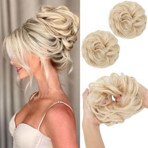 SARLA Messy Hair Bun Hair Pieces Curly Synthetic Updo Fake Scrunchies Ponytail Extension for Women Dirty Blonde 1PCS(2PCS-Light Champagne)
