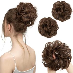 SARLA Messy Hair Bun Hair Pieces Curly Synthetic Updo Fake Scrunchies Ponytail Extension for Women Dirty Blonde 1PCS(2PCS-Medium Brown)