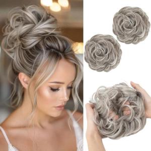 SARLA Messy Hair Bun Hair Pieces Curly Synthetic Updo Fake Scrunchies Ponytail Extension for Women Dirty Blonde 1PCS(2PCS-Polar Silver)