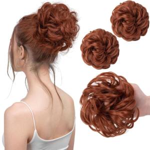 SARLA Messy Hair Bun Hair Pieces Curly Synthetic Updo Fake Scrunchies Ponytail Extension for Women Dirty Blonde 1PCS(2PCS-Reddish Brown)