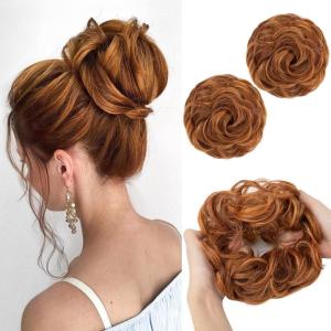 SARLA Messy Hair Bun Hair Pieces Curly Synthetic Updo Fake Scrunchies Ponytail Extension for Women Dirty Blonde 1PCS(2PCS-Tizian Red)