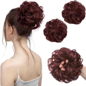 SARLA Messy Hair Bun Hair Pieces Curly Synthetic Updo Fake Scrunchies Ponytail Extension for Women Dirty Blonde 1PCS(2PCS-Wine Red)
