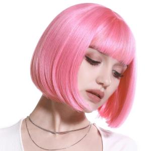 SARLA Pink Short Bob Wigs with Bangs 8 Inch Fashion Synthetic Colorful Cosplay Daily Party Wig for Women