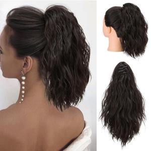 SARLA Short Ponytail Extension Claw Clip in 13 Inch Fluffy Synthetic Curly Wavy Pony Tail Hairpiece for Women Dirty Blonde(Black Brown)