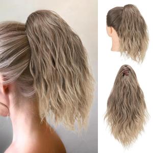 SARLA Short Ponytail Extension Claw Clip in 13 Inch Fluffy Synthetic Curly Wavy Pony Tail Hairpiece for Women Dirty Blonde(Brown to Ash Blonde)