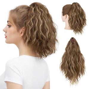 SARLA Short Ponytail Extension Claw Clip in 13 Inch Fluffy Synthetic Curly Wavy Pony Tail Hairpiece for Women Dirty Blonde(Brunette / Ash Blonde)
