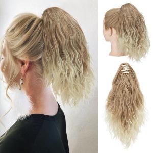 SARLA Short Ponytail Extension Claw Clip in 13 Inch Fluffy Synthetic Curly Wavy Pony Tail Hairpiece for Women Dirty Blonde(Gloden Blonde and Beach Blonde Tips)