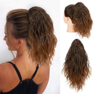 SARLA Short Ponytail Extension Claw Clip in 13 Inch Fluffy Synthetic Curly Wavy Pony Tail Hairpiece for Women Dirty Blonde(Light Brown and Light Auburn Tips)