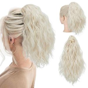 SARLA Short Ponytail Extension Claw Clip in 13 Inch Fluffy Synthetic Curly Wavy Pony Tail Hairpiece for Women Dirty Blonde(Platinum Blonde)