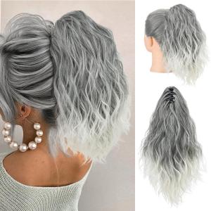 SARLA Short Ponytail Extension Claw Clip in 13 Inch Fluffy Synthetic Curly Wavy Pony Tail Hairpiece for Women Dirty Blonde(Salt and Pepper)