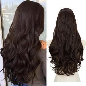 SARLA U Part Hair Extensions Dirty Blonde Full Head Clip in Synthetic Wave Curly Hairpiece Long 24 Inch for Women(Dark Brown)