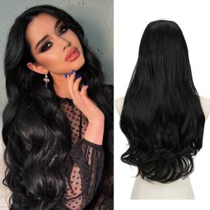 SARLA U Part Hair Extensions Dirty Blonde Full Head Clip in Synthetic Wave Curly Hairpiece Long 24 Inch for Women(Jet Black)