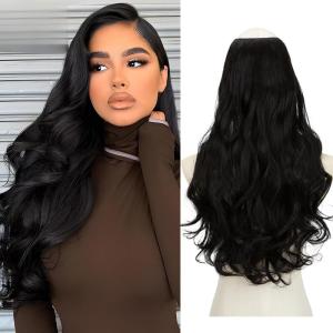 SARLA U Part Hair Extensions Dirty Blonde Full Head Clip in Synthetic Wave Curly Hairpiece Long 24 Inch for Women(Off Black)