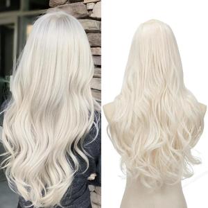 SARLA U Part Hair Extensions Dirty Blonde Full Head Clip in Synthetic Wave Curly Hairpiece Long 24 Inch for Women(Platinum Blonde)