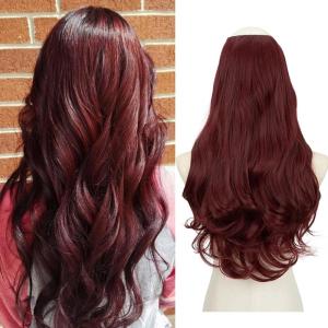 SARLA U Part Hair Extensions Dirty Blonde Full Head Clip in Synthetic Wave Curly Hairpiece Long 24 Inch for Women(Wine Red)